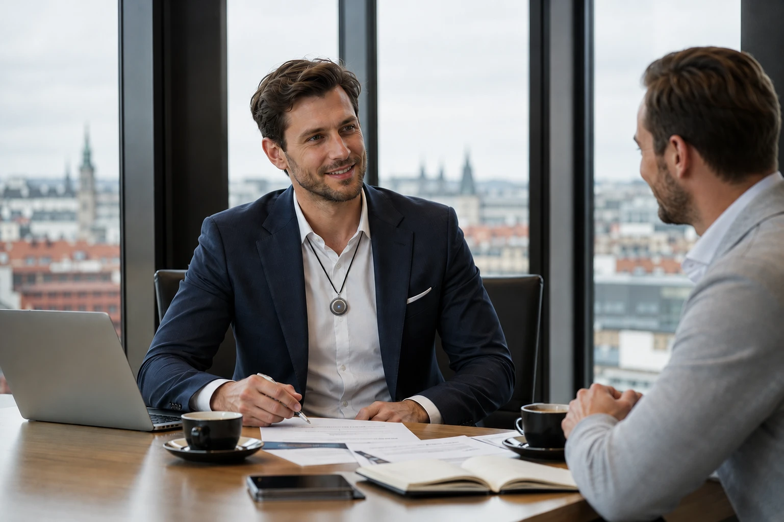 Finanční poradce na schůzce s klientem, na krku má nahrávací zařízení Omi